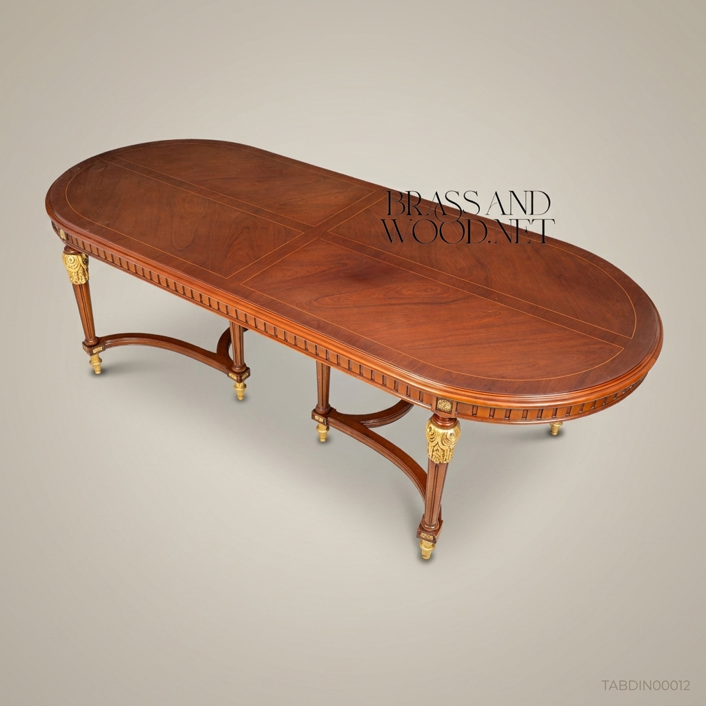Brass & Wood Louis XVI Oval Dining Table with Gilt Brass Mounts