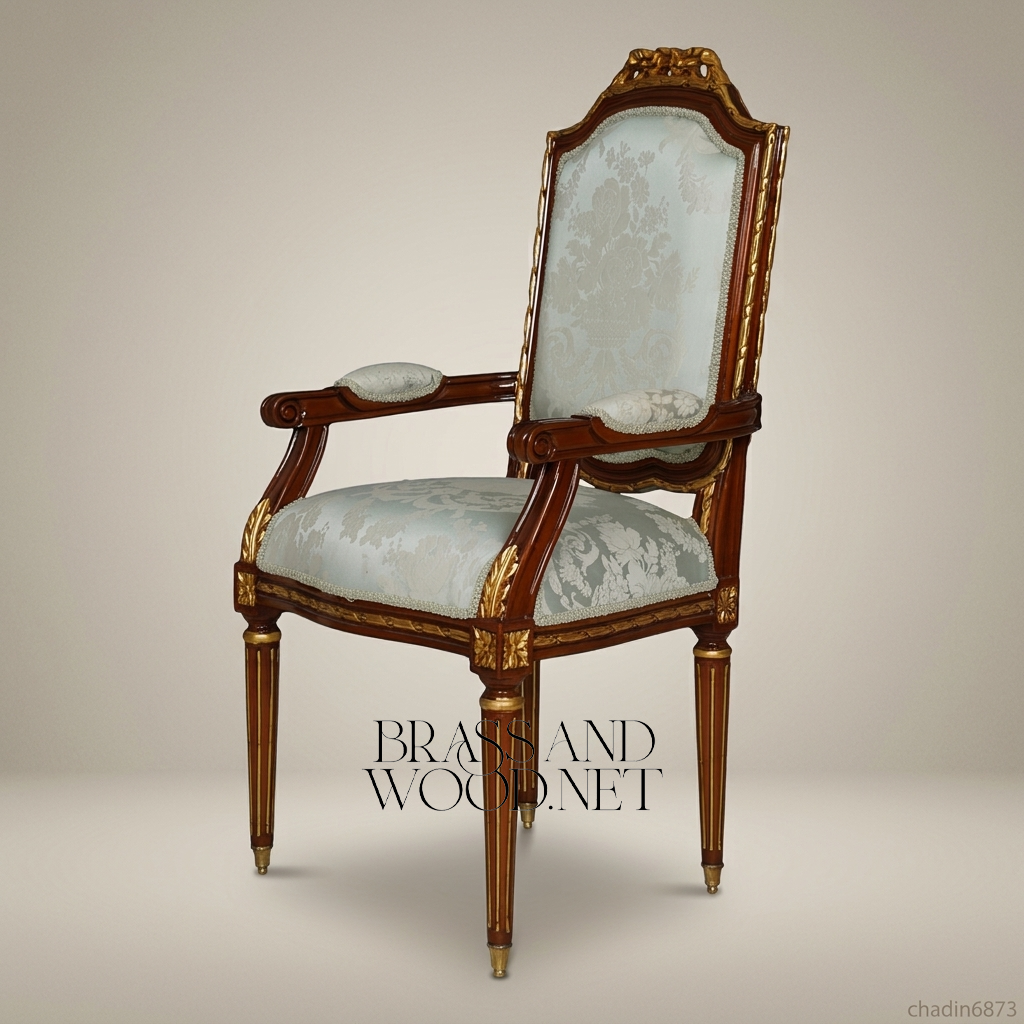 Louis XVI Hand-Carved Solid Wood Armchair with Gilt Accents & Damask Upholstery (With Arms)