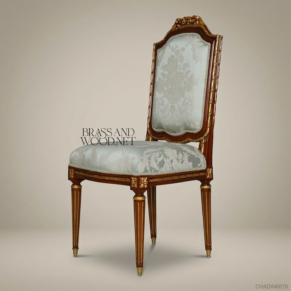 Brass & Wood Louis XVI Solid Wood Gilt Dining Chair – Duck-Egg Damask (Without Arms)