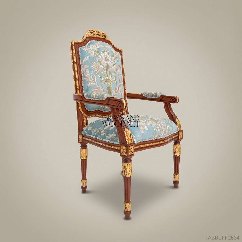 Louis XVI Hand-Carved Solid Wood Armchair with Gold Leaf Accents & Teal Floral Jacquard (With Arms)