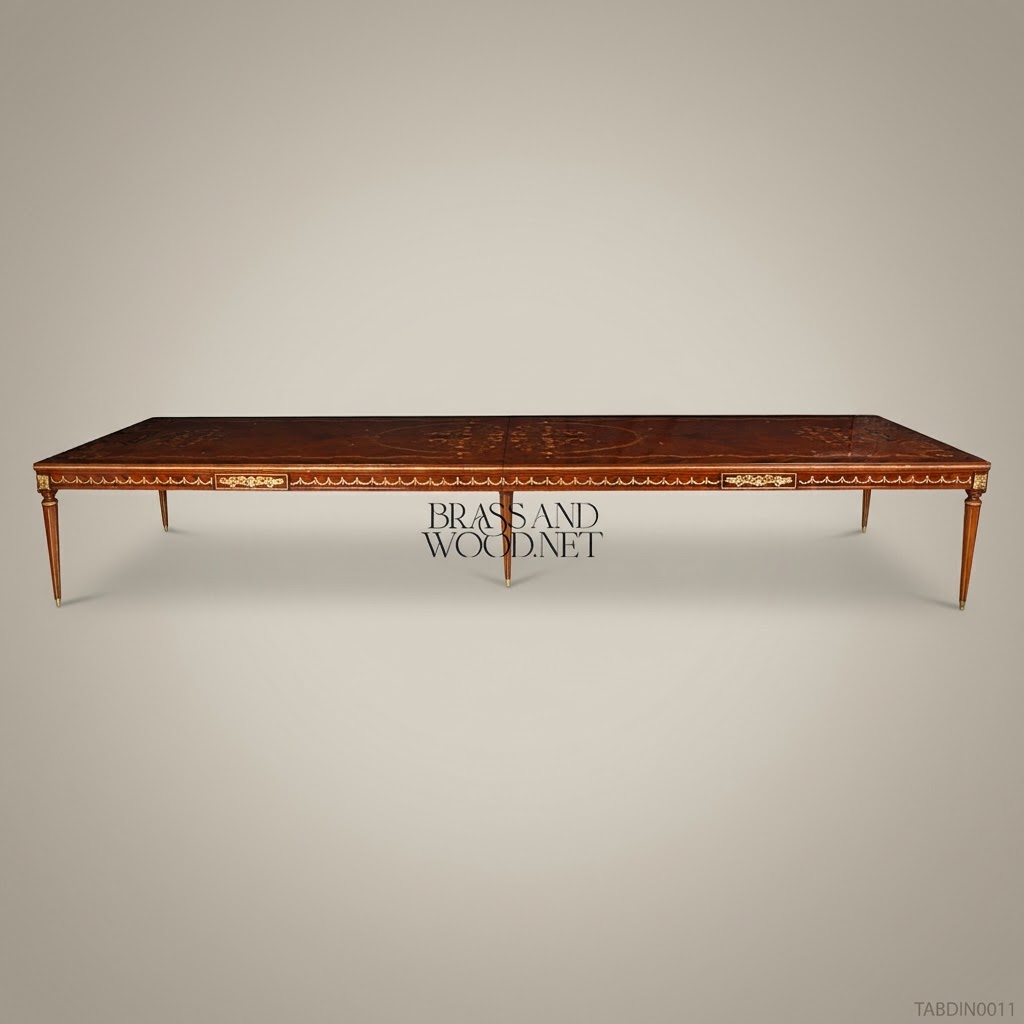 Brass & Wood Louis XVI Marquetry Brass-Mounted Dining Table
