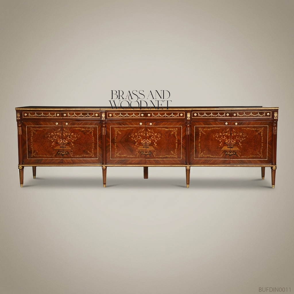 Brass & Wood Louis XVI Marquetry Dining Buffet
