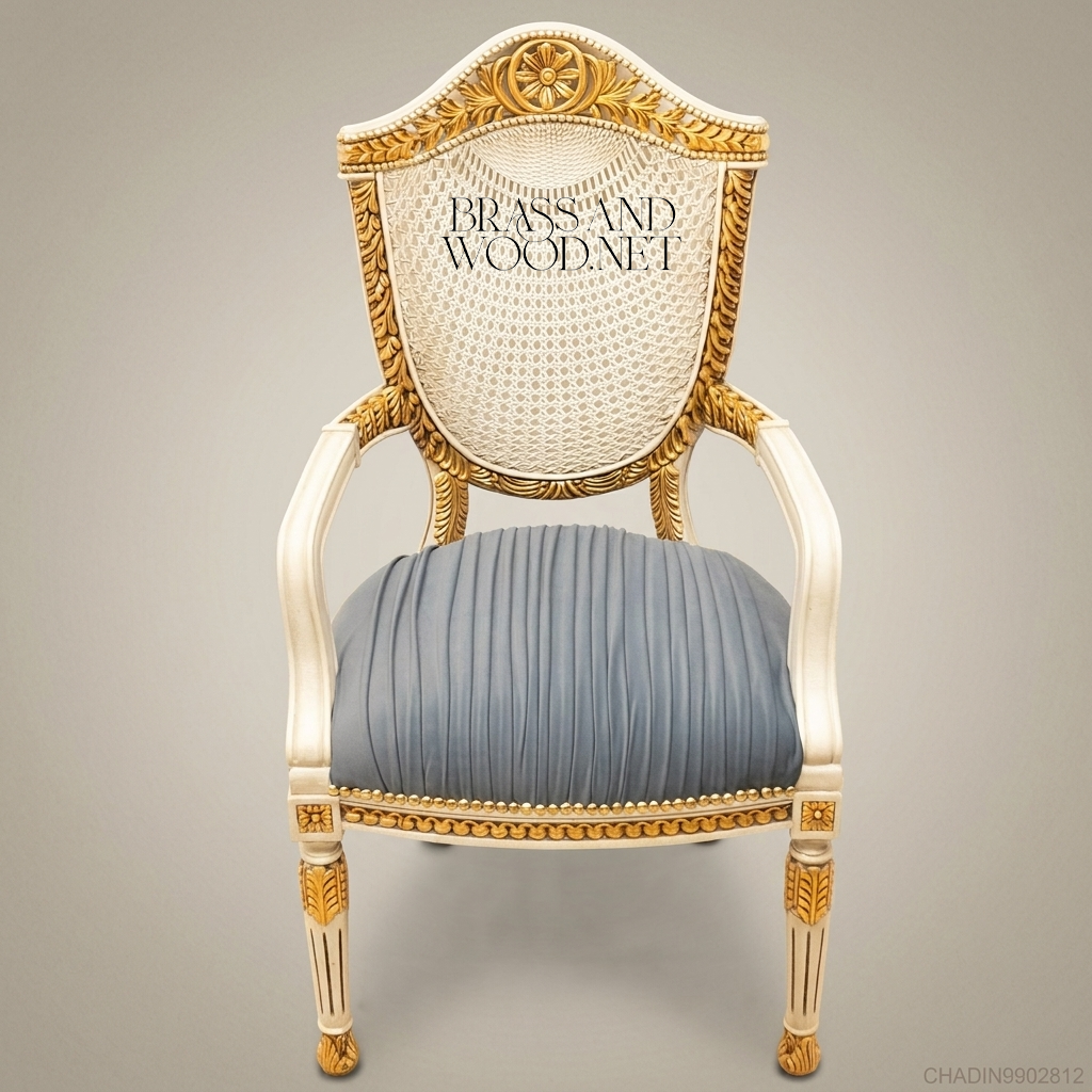 Louis XVI Ivory & Gold Armchair with Cane Back & Blue Pleated Seat (With Arms)