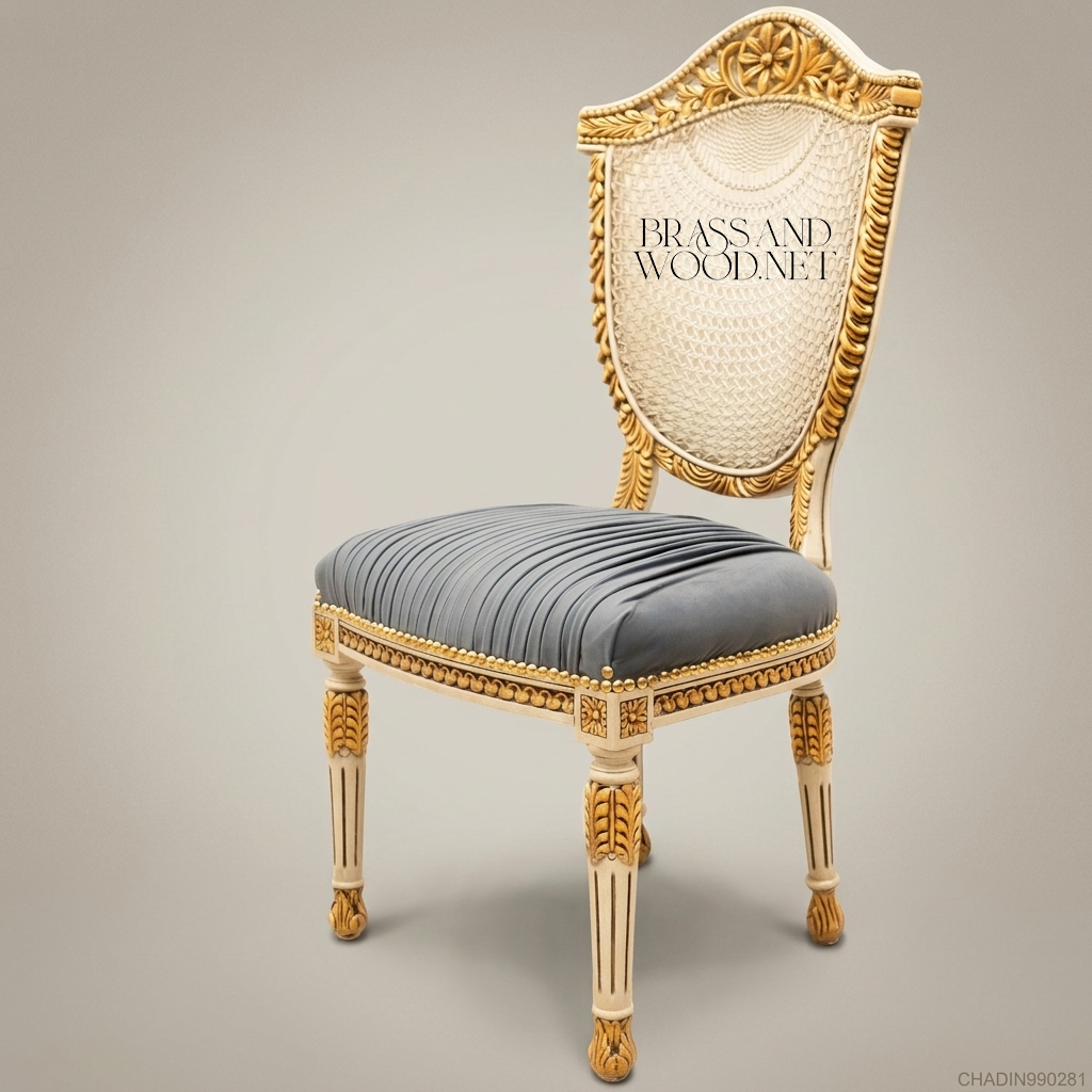 Louis XVI Ivory & Gold Carved Side Chair with Cane Back & Blue Velvet Seat (Without Arms)