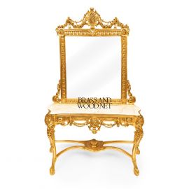 كونسول كلاسيك ذهبي بمرآة – سطح رخامي