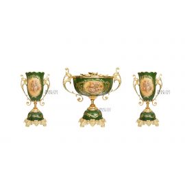 طقم فازات وجنديرة خزف اخضر - نحاس مطلي ذهب