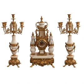 طقم 2 شمعدان وساعة  رخام أبيض ( نحاس معتّق ) 