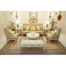 طقم صالون كلاسيكي أوف وايت بظهر كانيه وتنجيد أخضر مزخرف