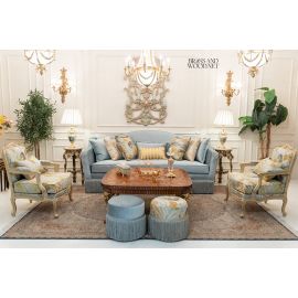 طقم صالون اصفر و سماوي مكون من كنبة + 2 كرسي