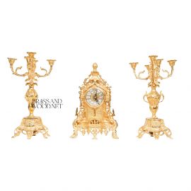 طقم شمعدان وساعة ذهبي فرنسي - نحاس مطلي ذهب