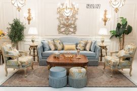 طقم صالون اصفر و سماوي مكون من كنبة + 2 كرسي