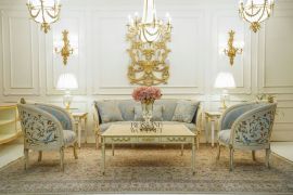 طقم صالون خشب مزخرف بورود وتنجيد ازرق فاخر