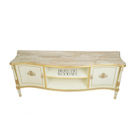 طاولة تلفاز خشب ابيض ذهبي وسطح رخام