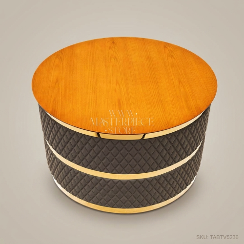 Art Deco Round Lift-Top Coffee Table Quilted Leather Honey Oak Wood Gold Brass Banding Front View | Brass & Wood