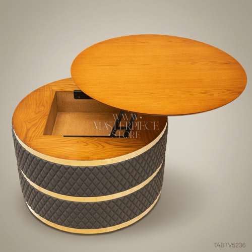Art Deco Round Lift-Top Coffee Table Quilted Leather Honey Oak Wood Gold Brass Banding Front View | Brass & Wood