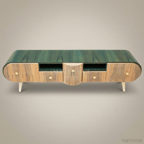 Art Deco Rounded Solid Wood TV Console Emerald Lacquered Top Brass Pulls Brass and Wood Front View | Brass & Wood