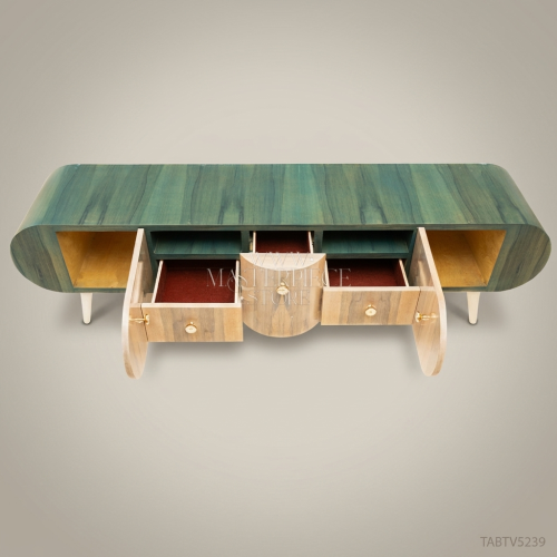 Art Deco Rounded Solid Wood TV Console Emerald Lacquered Top Brass Pulls Brass and Wood Front View | Brass & Wood