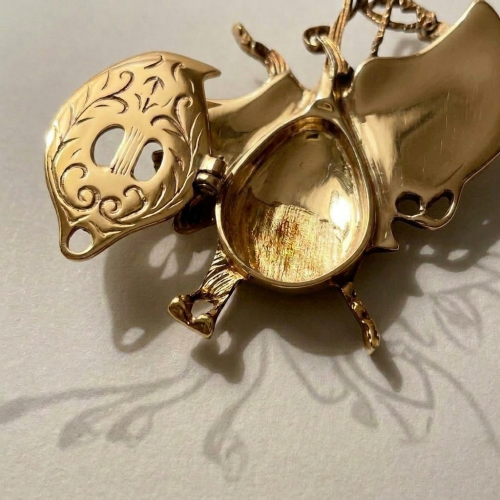 Art Nouveau Brass Beetle Ashtray - Hinged Wing Lid with Engraved Scrollwork