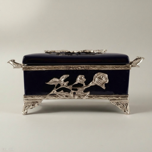 Art Nouveau Brass & Cobalt Ceramic Tissue Box - Rose Branch Relief