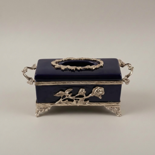 Art Nouveau Brass & Cobalt Ceramic Tissue Box - Rose Branch Relief