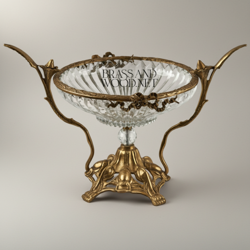 Art Nouveau Handcrafted Brass Crystal Centerpiece Bowl Ornate Foliage Stand Brass and Wood Antique Front | Brass & Wood