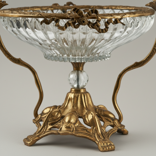 Art Nouveau Handcrafted Brass Crystal Centerpiece Bowl Ornate Foliage Stand Brass and Wood Antique Front | Brass & Wood
