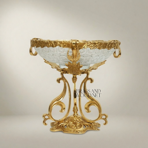 Art Nouveau Handcrafted Brass Etched Glass Pedestal Candy Dish Ornate Scrollwork Figural Stand Brass and Wood Gold Front | Brass & Wood