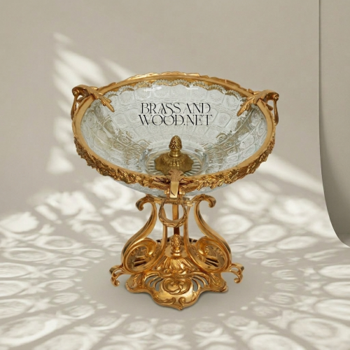 Art Nouveau Handcrafted Brass Etched Glass Pedestal Candy Dish Ornate Scrollwork Figural Stand Brass and Wood Gold Front | Brass & Wood