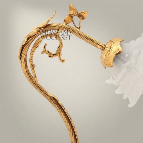 Art Nouveau Handcrafted Brass Table Lamp Sculpted Vine Stem Floral White Glass Shade Brass and Wood Gold Front | Brass & Wood
