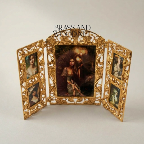 Art Nouveau Brass Triptych Photo Frame - Folding Openwork Acanthus Panel