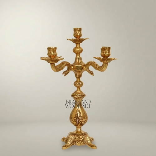 Baroque Five-Arm Brass Candelabra Dragon Serpent Arms Acanthus Carved Base Ornate Gold Front | Brass & Wood