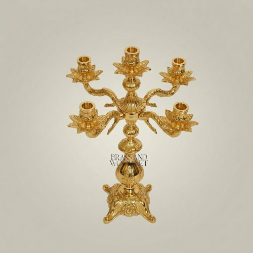 Baroque Five-Arm Brass Candelabra Dragon Serpent Arms Acanthus Carved Base Ornate Gold Front | Brass & Wood