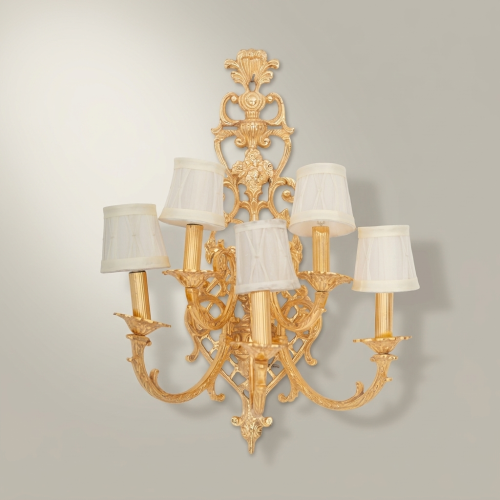 Baroque Handcrafted Brass 5-Arm Wall Sconce Acanthus Backplate Ivory Fabric Shades Brass and Wood Gold Front | Brass & Wood