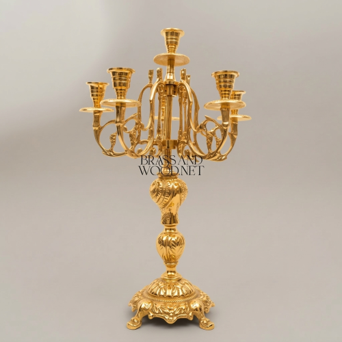 Baroque Brass 7-Arm Candelabra with Acanthus Stem & Scrolled Arms