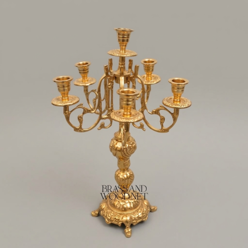 Baroque Brass 7-Arm Candelabra with Acanthus Stem & Scrolled Arms