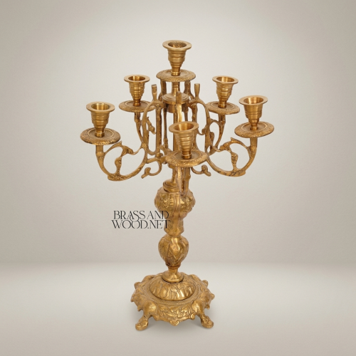 Baroque Brass 7-Arm Candelabra Ornate Scrollwork Acanthus Base Handcrafted Gold Front | Brass & Wood