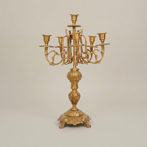 Baroque Brass 7-Arm Candelabra Ornate Scrollwork Acanthus Base Handcrafted Gold Front | Brass & Wood