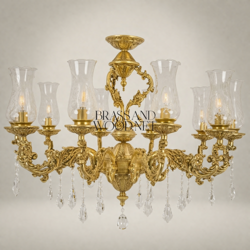 نجف باروكي بثماني ذراع من النحاس مع أباجورات زجاجية وقطرات كريستال