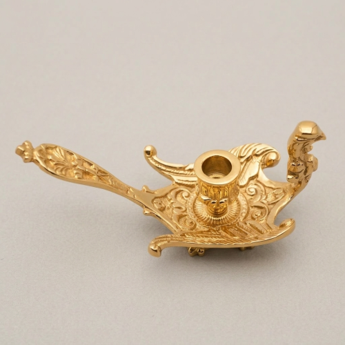 Baroque Brass Aladdin Oil Lamp Candle Holder Ornate Acanthus Scroll Handle Brass and Wood Gold Front | Brass & Wood