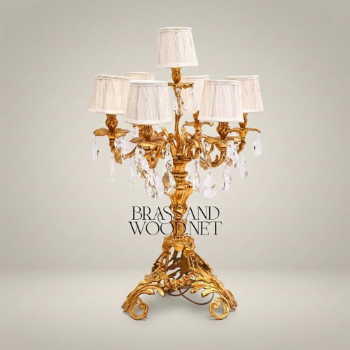 Baroque Brass 5-Arm Candelabra Table Lamp Crystal Drops Fabric Shades Classical Ornate Gold Front | Brass & Wood