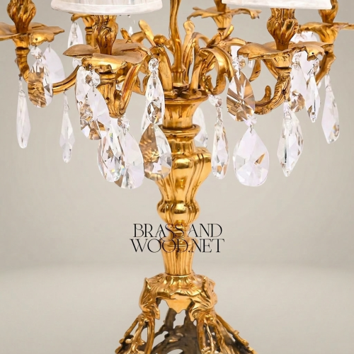 Baroque Brass 5-Arm Candelabra Table Lamp Crystal Drops Fabric Shades Classical Ornate Gold Front | Brass & Wood