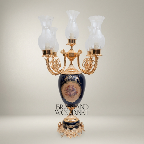 Baroque 5-Arm Brass Candelabra Table Lamp with Navy Blue Floral Ceramic Urn Base and Frosted Glass Shades Gold Front | Brass & Wood