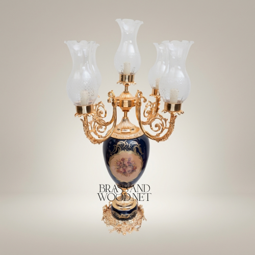 Baroque 5-Arm Brass Candelabra Table Lamp with Navy Blue Floral Ceramic Urn Base and Frosted Glass Shades Gold Front | Brass & Wood