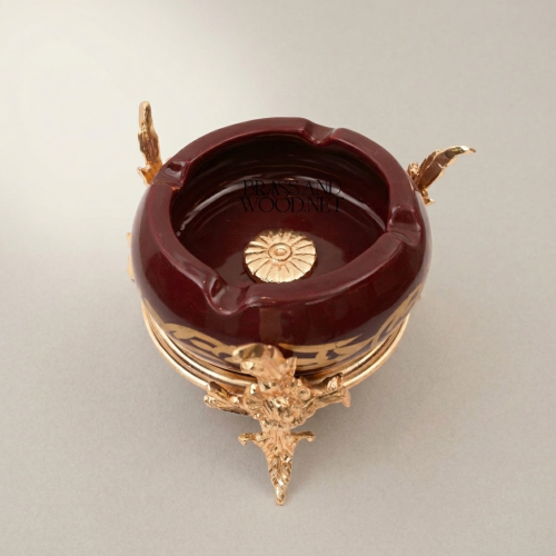 Baroque Brass & Ceramic Ashtray with Arabesque Script on Ornate Foliage Stand