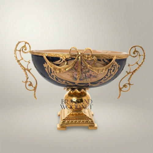 Baroque Handcrafted Brass and Navy Blue Ceramic Compote Pedestal Bowl with Floral Swag Ornaments Gold Front | Brass & Wood