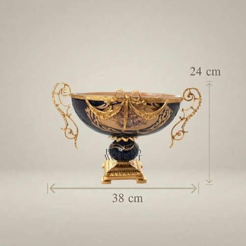 Baroque Handcrafted Brass and Navy Blue Ceramic Compote Pedestal Bowl with Floral Swag Ornaments Gold Front | Brass & Wood