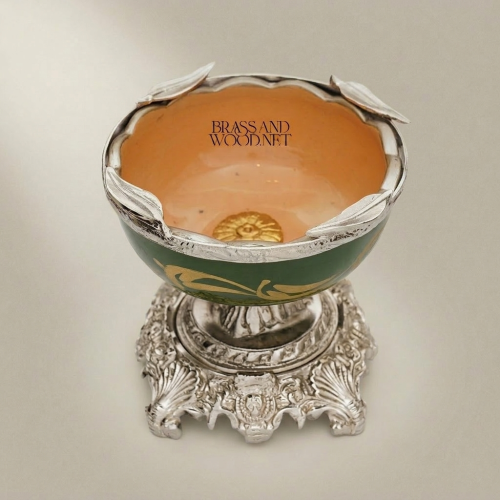 Baroque Brass & Ceramic Pedestal Ashtray with Foliate Scrollwork Base