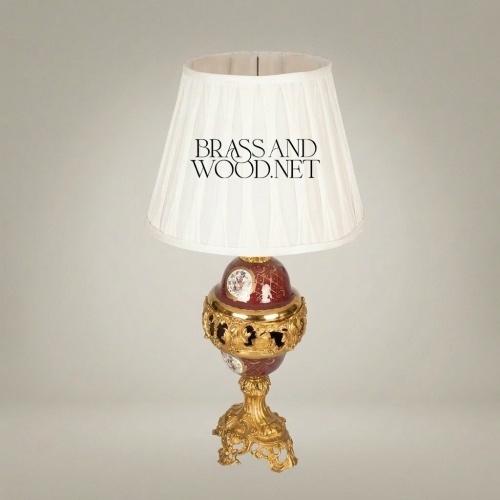 Baroque Brass and Wine Ceramic Table Lamp with Ornate Globe Base and Pleated Off-White Shade Gold Front | Brass & Wood