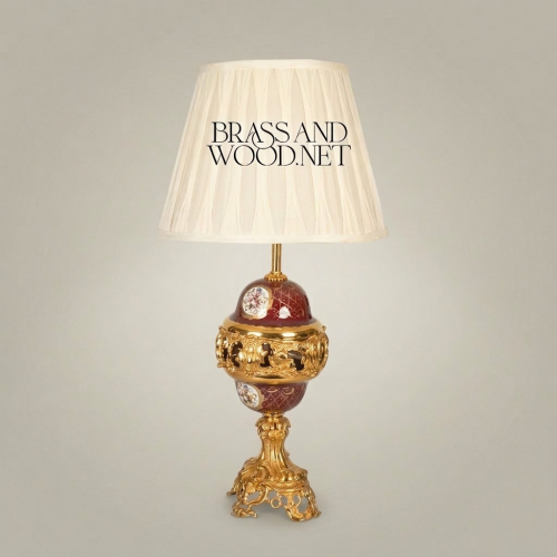Baroque Brass and Wine Ceramic Table Lamp with Ornate Globe Base and Pleated Off-White Shade Gold Front | Brass & Wood