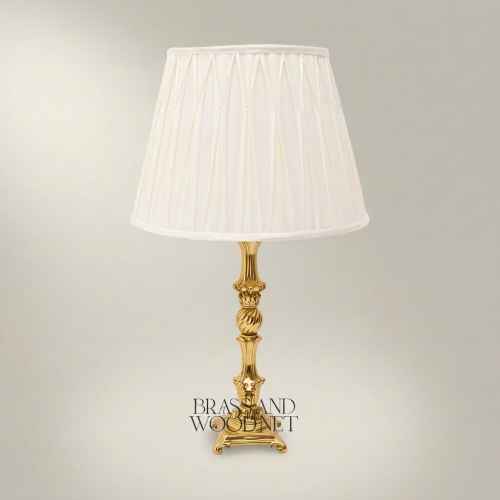 Baroque Brass and Ceramic Table Lamp Ornate Twisted Sphere Column Off-White Pleated Shade Gold Front | Brass & Wood